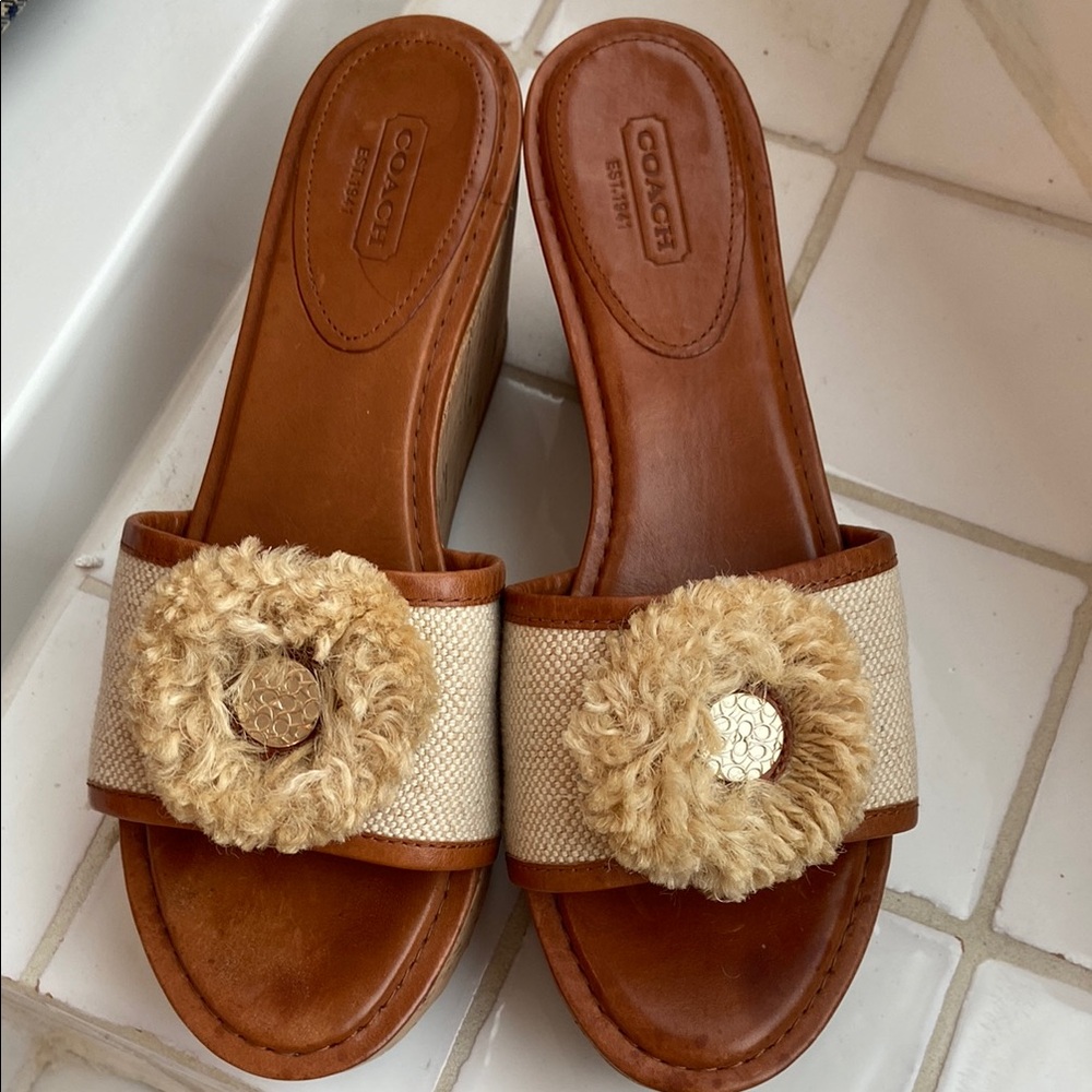 Coach Tan Leather Wedge Slide Sandals with Cream Fabric Rosette